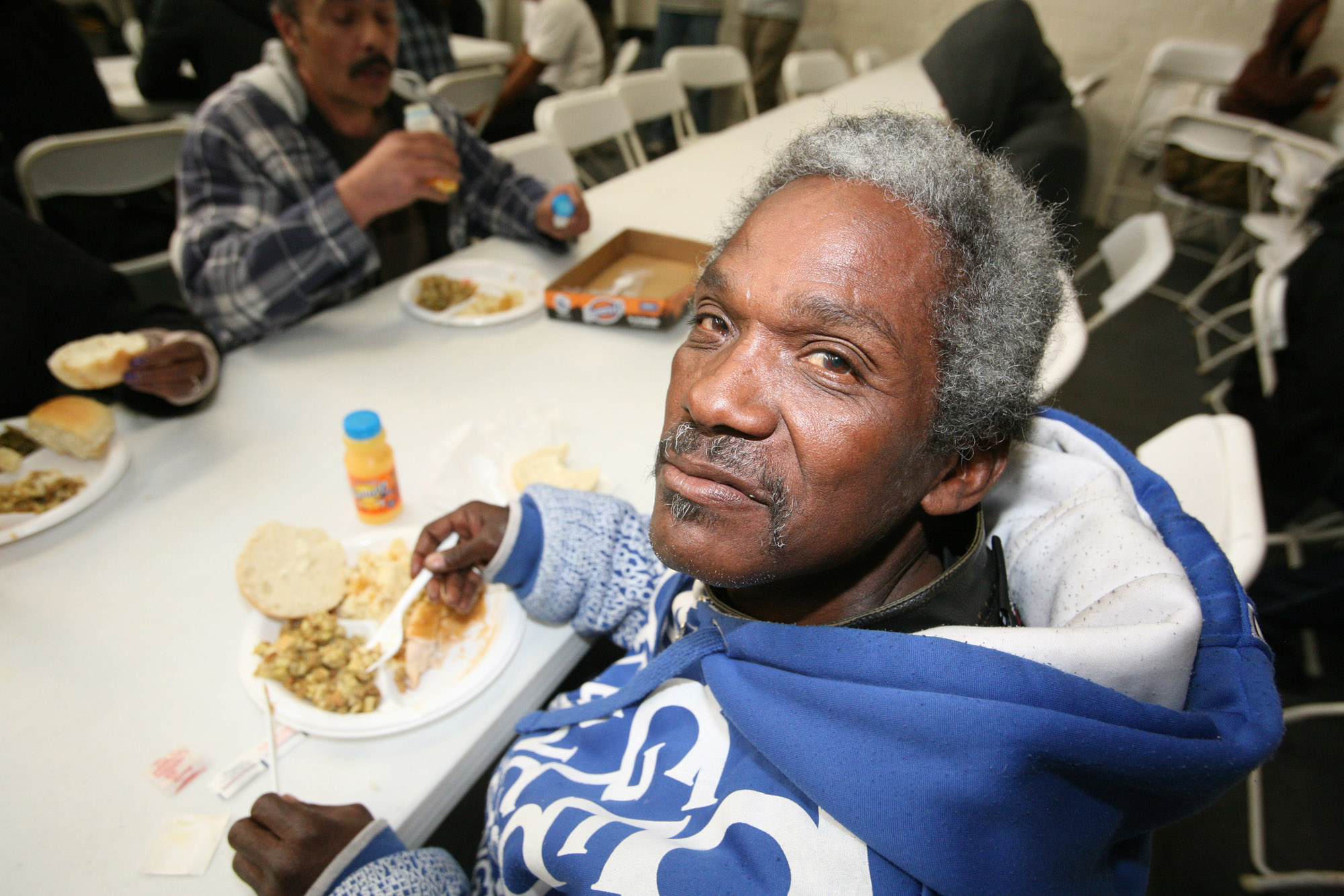 L.A.'s Skid Row is home to more than 8,000 homeless people. With the help of domestic hunger funds given through the North American Mission Board, Set Free Church was able to provide a hot meal on Thanksgiving last year. Photo by Greg Schneider