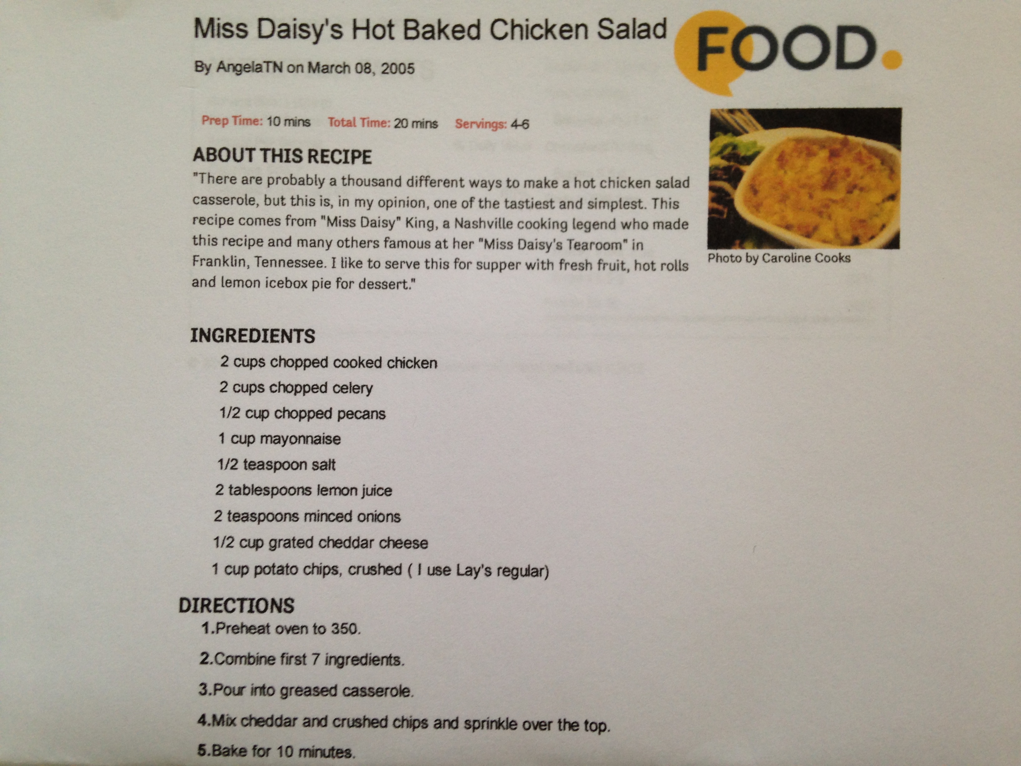 Recipe for Hot Baked Chicken Salad - Mrs. Daisys